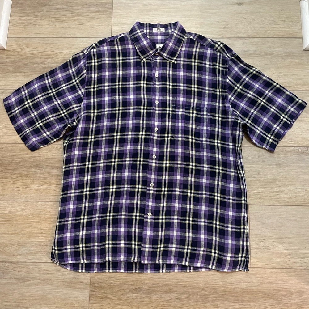 Mens Peter Millar 100% Linen purple plaid short sleeve Shirt size large